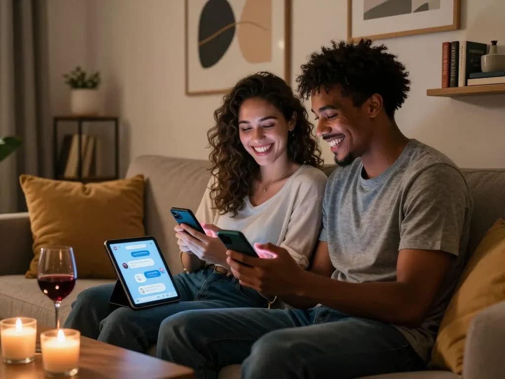 A couple enjoying an AI sex chat on their smartphones in a cozy, romantic living room setting.