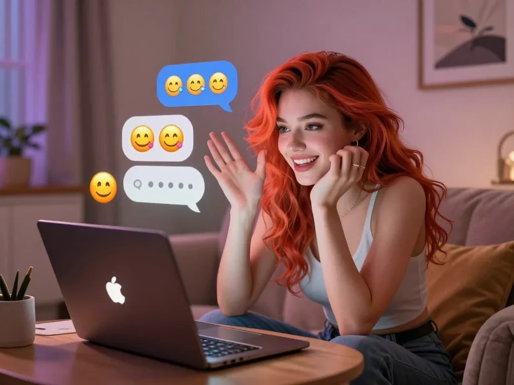 Interactive 18+ AI chat scene with vibrant character in cozy virtual space enhancing user engagement.