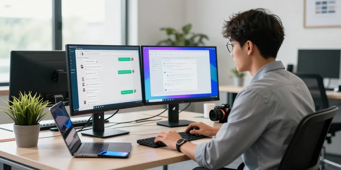 Engaging WhatsApp網頁版 workspace with a professional using dual monitors and vibrant office setting