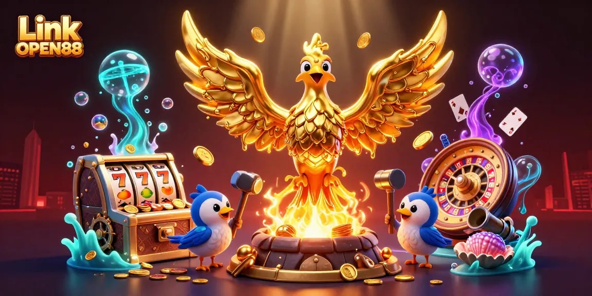 Engage in thrilling action as the molten Link OPEN88 phoenix emerges amidst coins, slots, and roulette.
