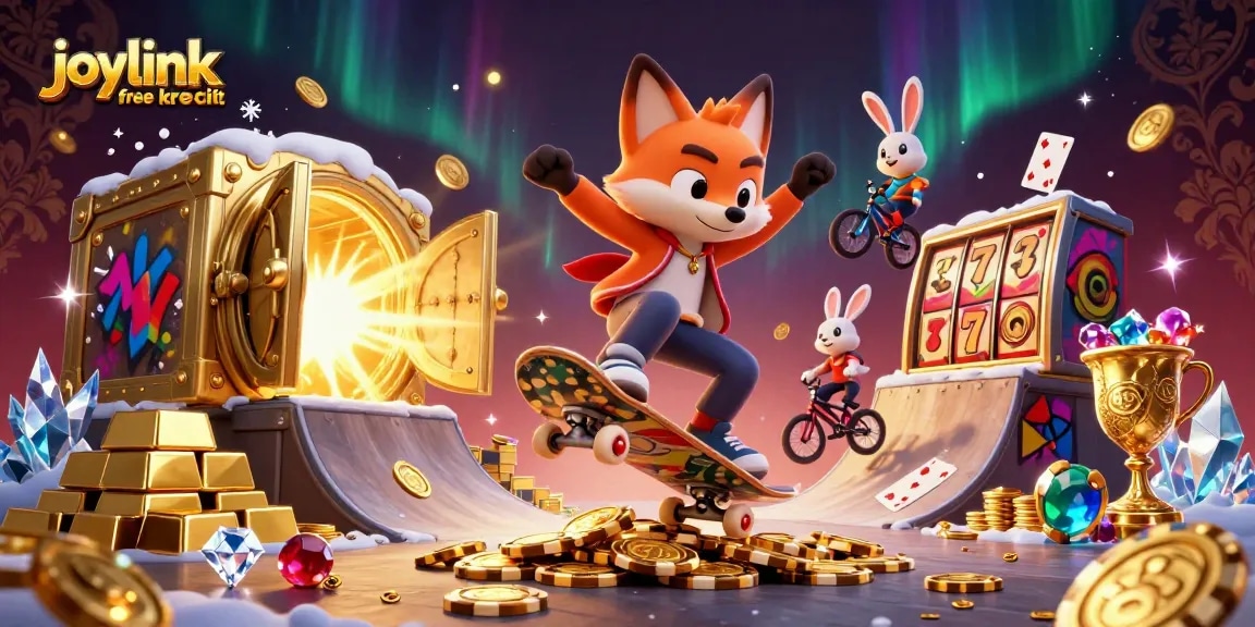 Experience joylink free kredit with vibrant characters in a casino-themed action scene filled with prizes.