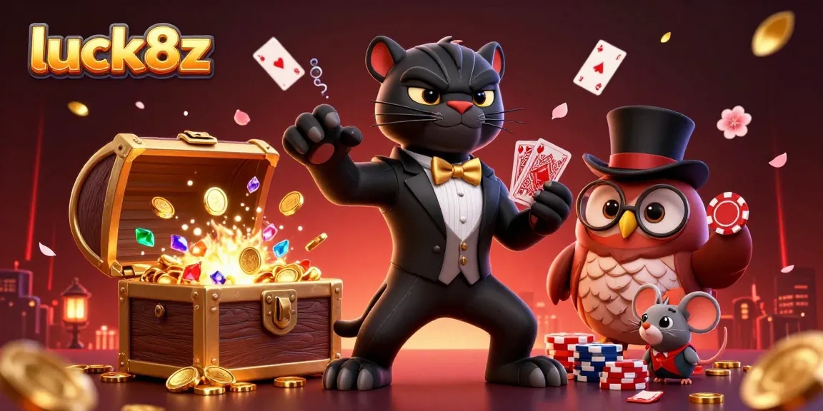 Engage with luck8z's vibrant casino scene featuring a panther dealing cards amidst gold coins and glowing treasures.