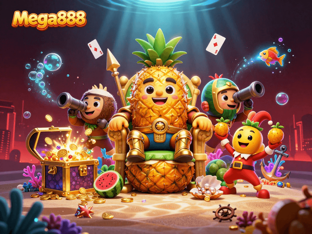 Menikmati permainan mega888 sambil dikelilingi harta karun dan elemen kasino yang mengujakan.