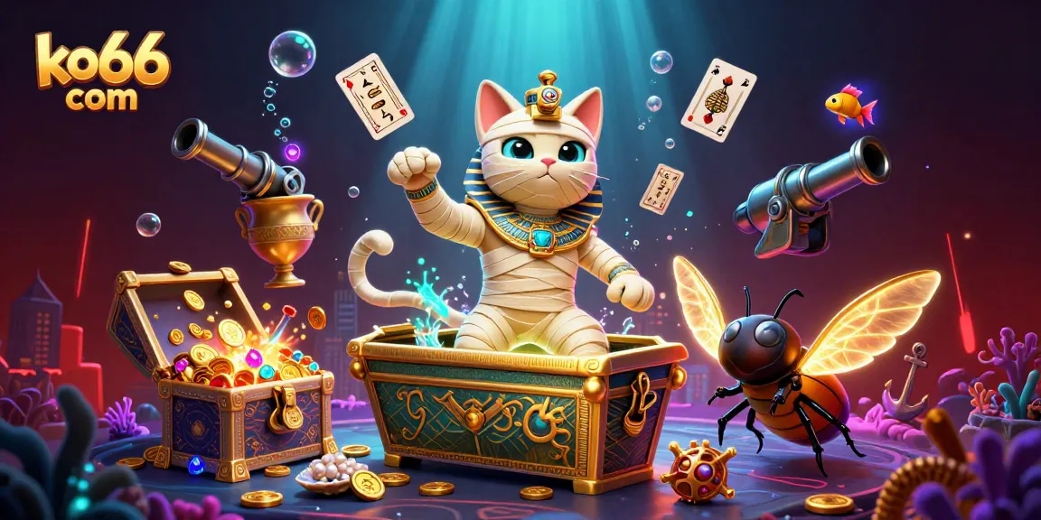 Experience thrilling adventures at ko66 com with 3D Egyptian mummy cat in a vibrant casino scene.
