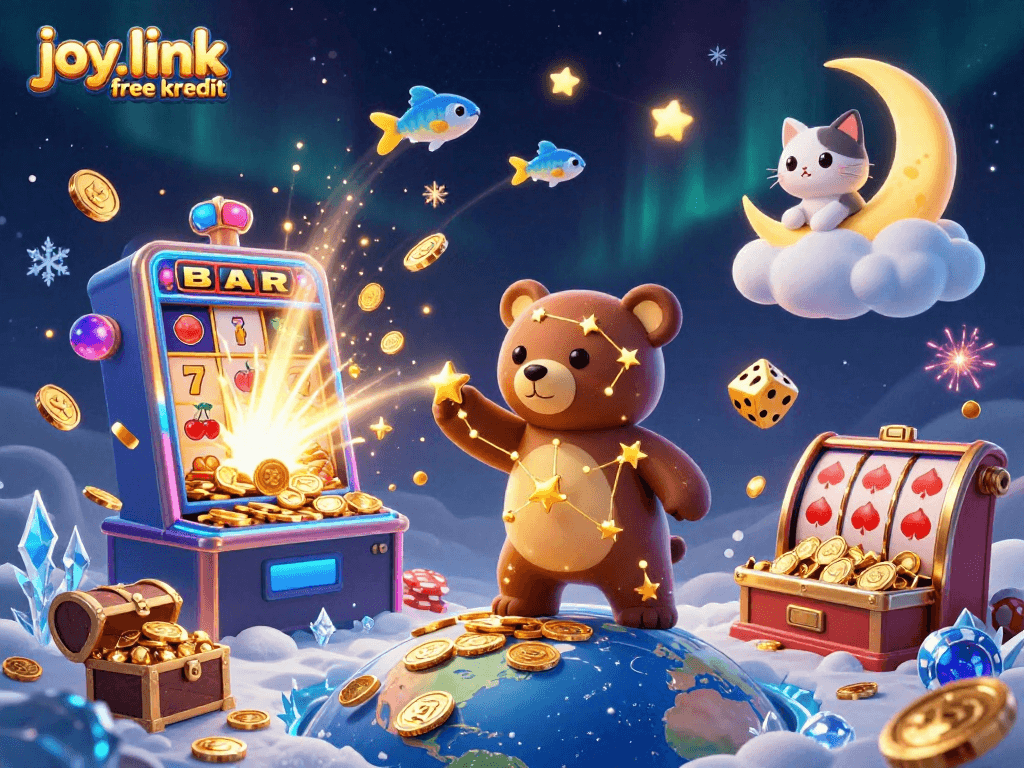 Engage with joy.link free kredit as a constellation bear and casino elements explode in vibrant 3D artistry.
