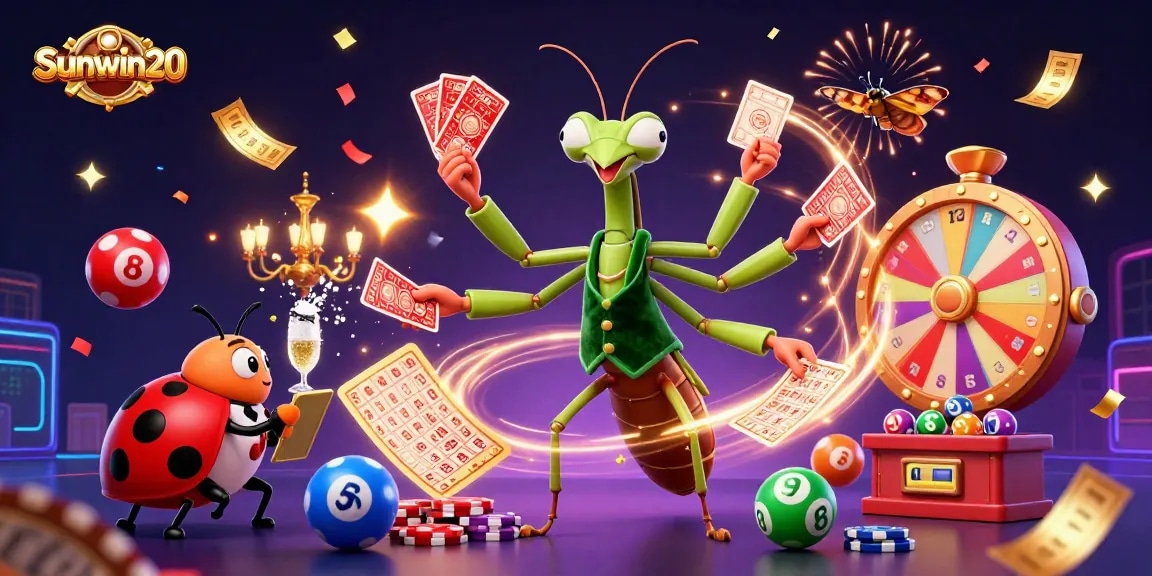 Engage with dynamic lottery action at Sunwin20 featuring a bustling casino atmosphere with vibrant elements.