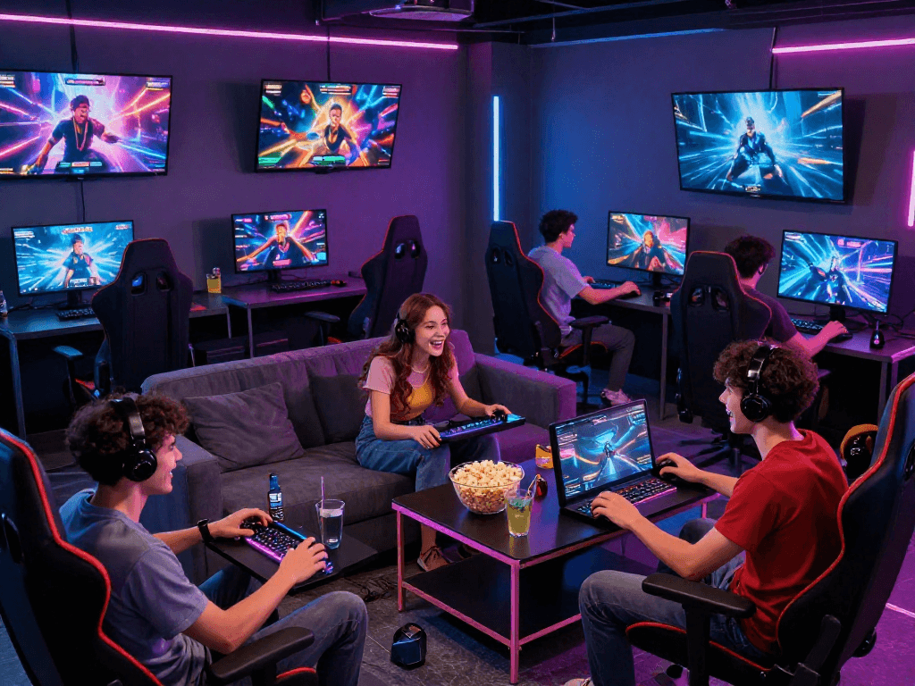 Engaging scene to play porn games with friends in a vibrant gaming lounge.