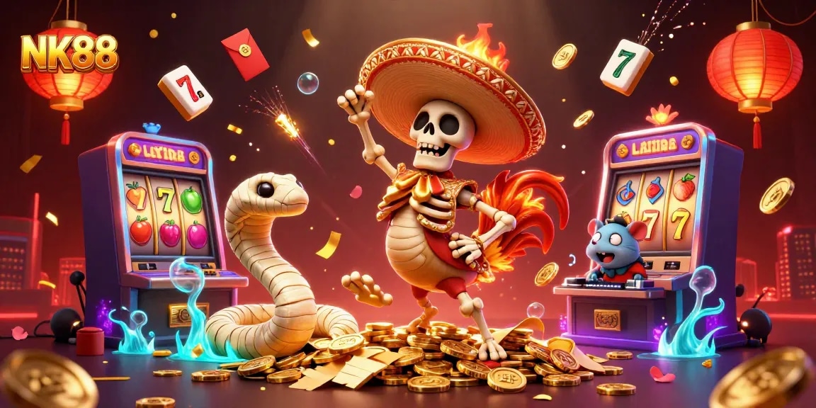 Experience NK88's exciting online entertainment with vibrant characters celebrating amidst casino elements.