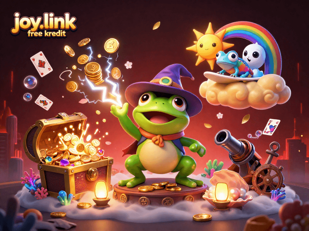 Experience joy.link free kredit with animated characters surrounded by treasures and vibrant casino elements.