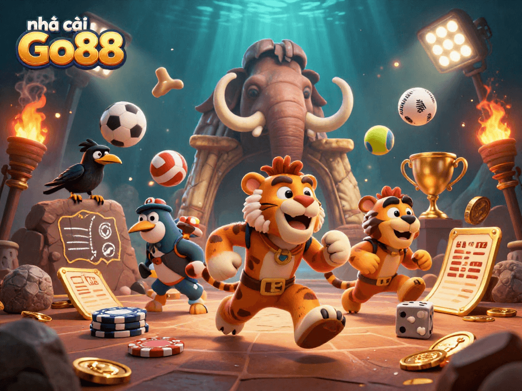 Engage in thrilling gameplay at nhà cái Go88 with a lively prehistoric casino scene featuring sports and exciting game elements.