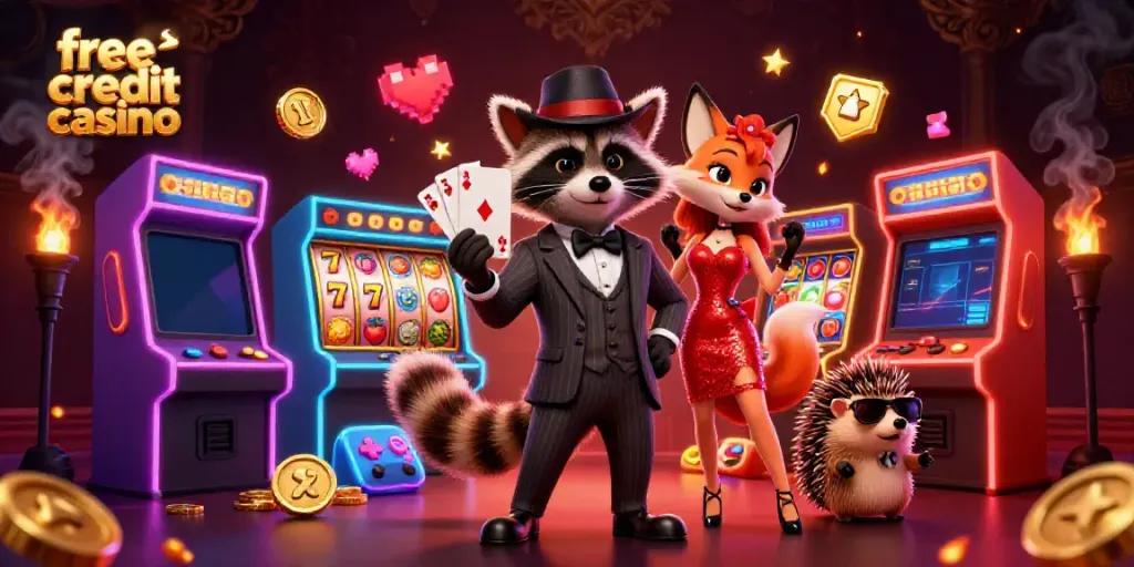 Engage in thrilling gameplay at a free credit casino with vibrant characters and dynamic gambling elements.