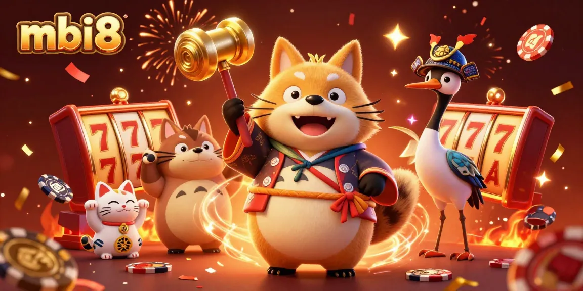 Spin for rewards at mbi8 with cheerful tanuki, lucky cats, and vibrant casino elements!
