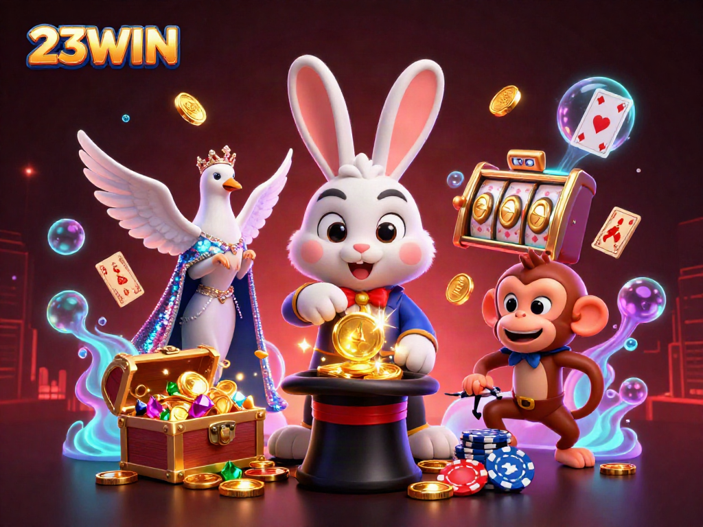 Experience thrilling winning moments with 23WIN casino, showcased through a vibrant, dynamic illustration of gaming excitement.