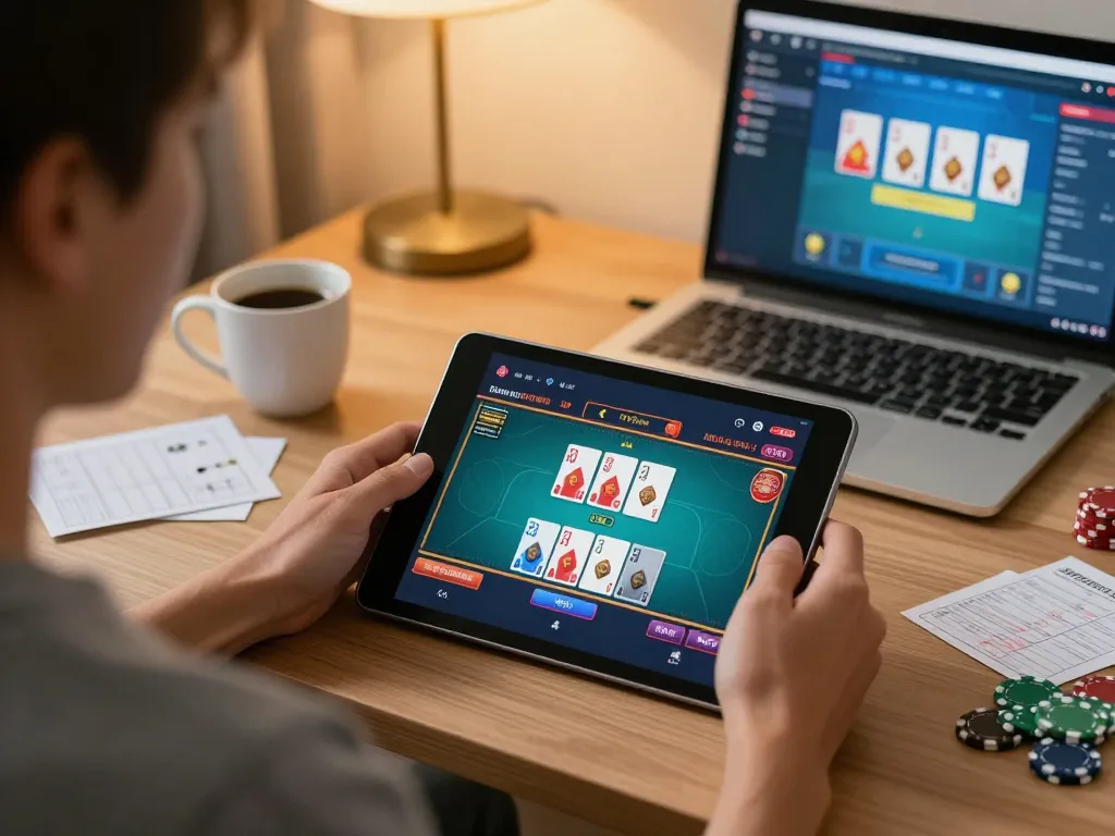 Engaged user enjoying cm88 online casino gaming on a tablet with poker interface visible