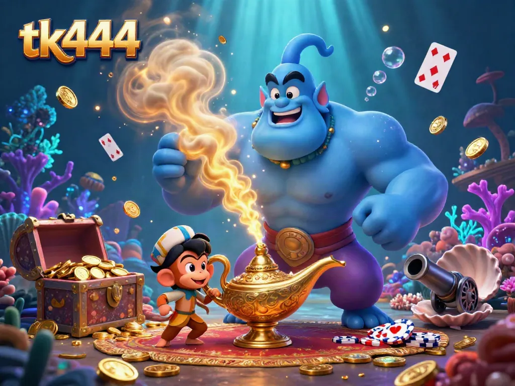 Engage with the magic of tk444, featuring a genie and treasure in an energetic casino scene.
