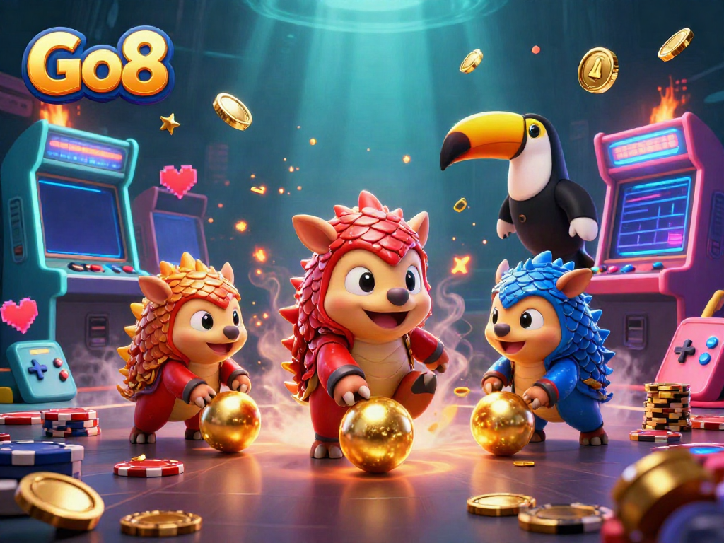 Go8 pangolins compete in a vibrant casino scene, showcasing gaming excitement.