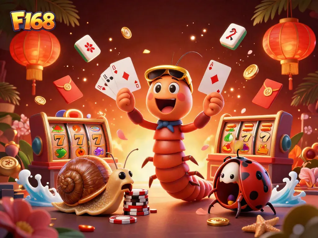 Engage with F168 slots as a millipede dealer showcases vibrant cards and giant chip stacks.