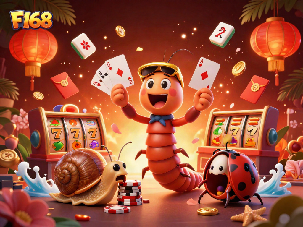 Engage with F168 slots as a millipede dealer showcases vibrant cards and giant chip stacks.