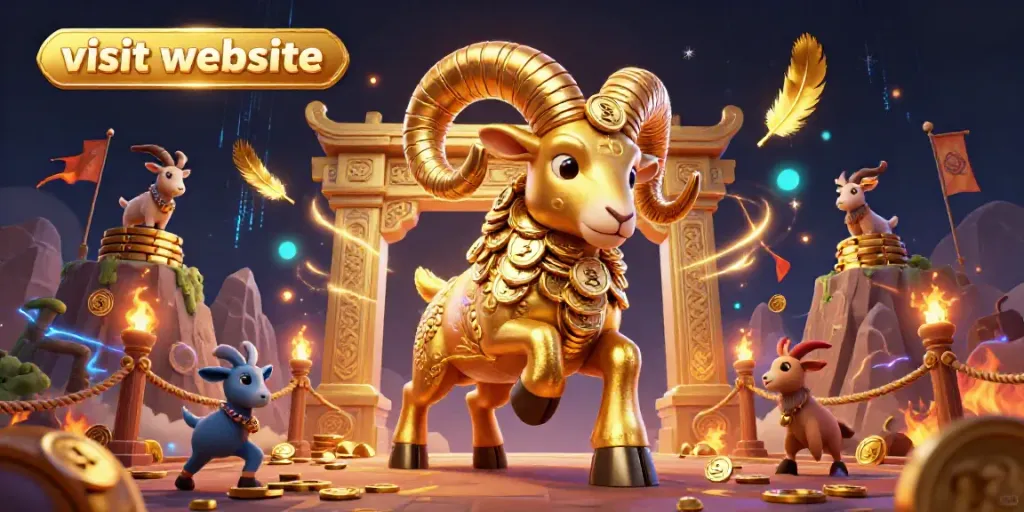 Experience the thrill of gambling as you visit website illustrated with a vivid 3D scene of a golden ram charging through a casino.