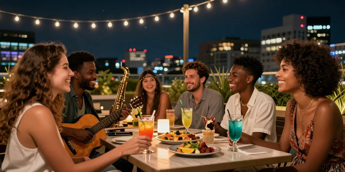 Friends enjoying a lively night out at a rooftop lounge with cocktails and music, showcasing rokok88's vibrant nightlife.