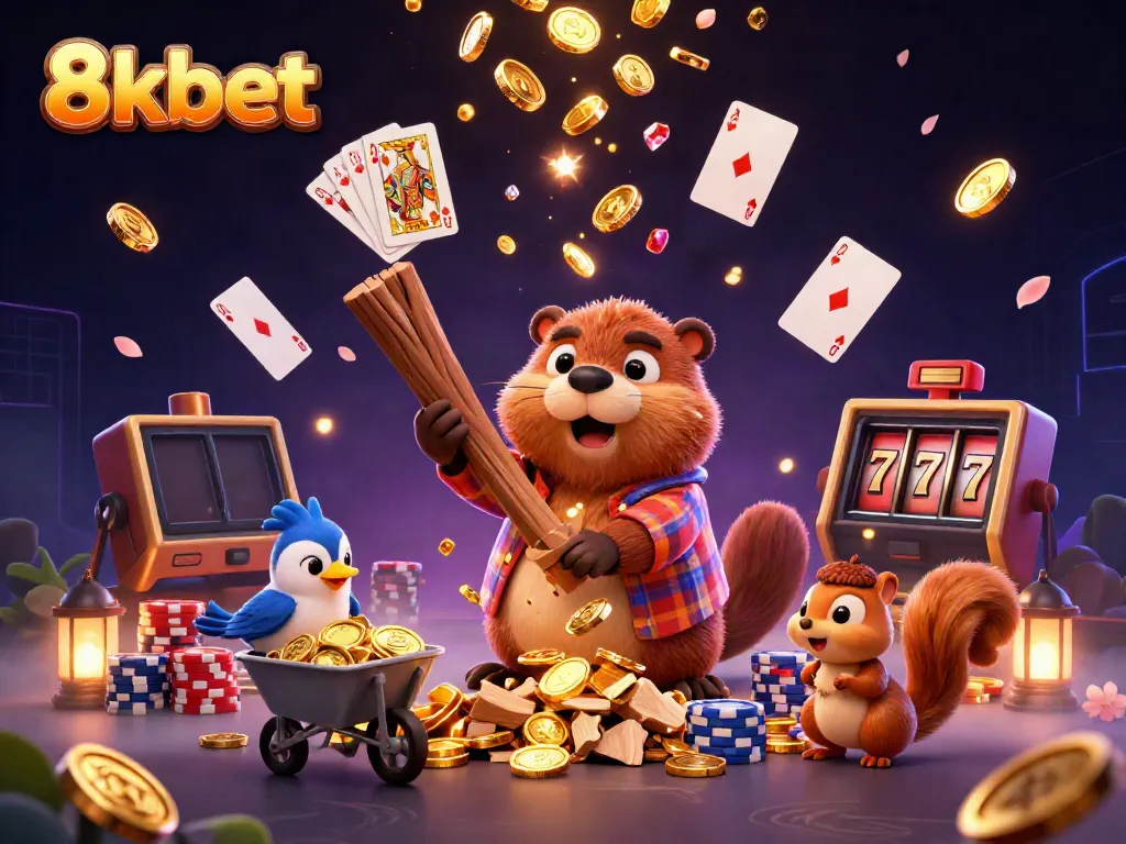 Experience the thrilling world of 8kbet with playful characters collecting golden coins in a vibrant casino setting.