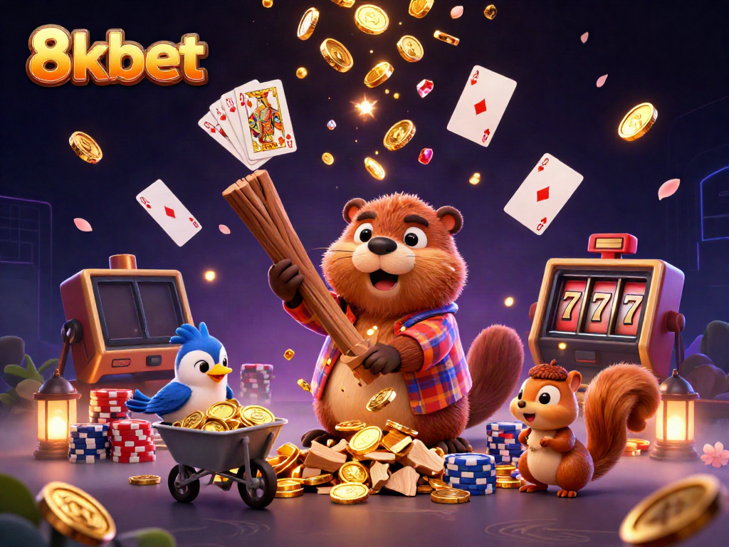 Experience the thrilling world of 8kbet with playful characters collecting golden coins in a vibrant casino setting.
