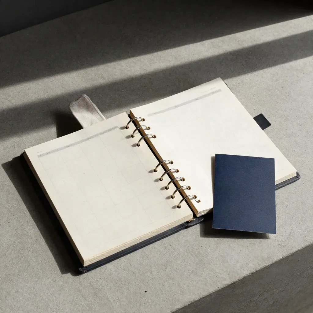 Dek kalendar kandungan berlingkar di atas linen dengan penanda tab navy.