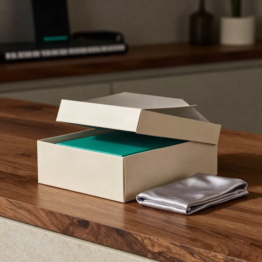 Kotak kempen Google Ads dengan jalur teal di atas permukaan kayu walnut, gaya studio mewah.