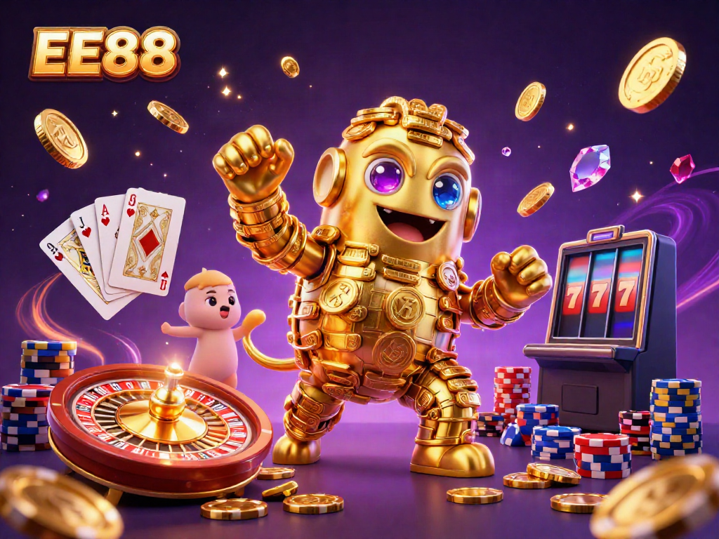 Experience the thrill of EE88 with a golden golem surrounded by dynamic casino elements.