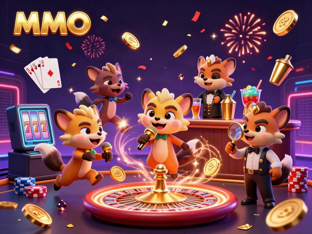 Hyenas perform in a lively casino scene for MMOO, with a comedian, bartender, and bouncer.