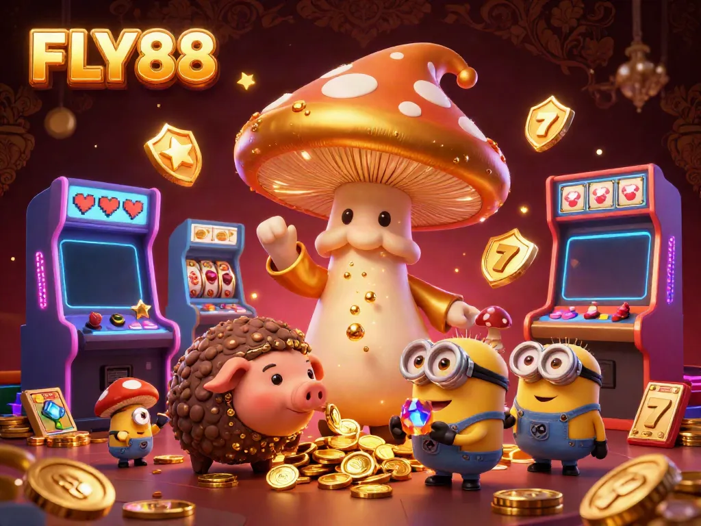 Experience thrilling gameplay with FLY88 featuring a magical scene of a golden mushroom wizard and treasure-hunting pig in a vibrant casino atmosphere.