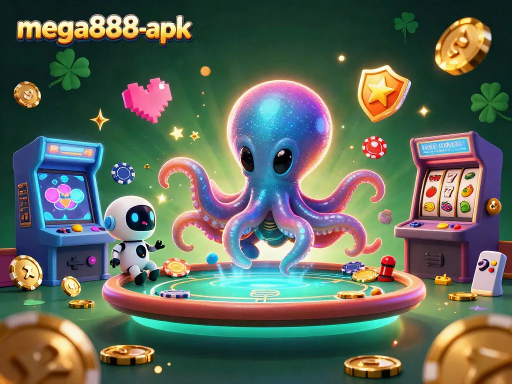 Play casino games with mega888-apk featuring a vibrant alien octopus at a holographic poker table.