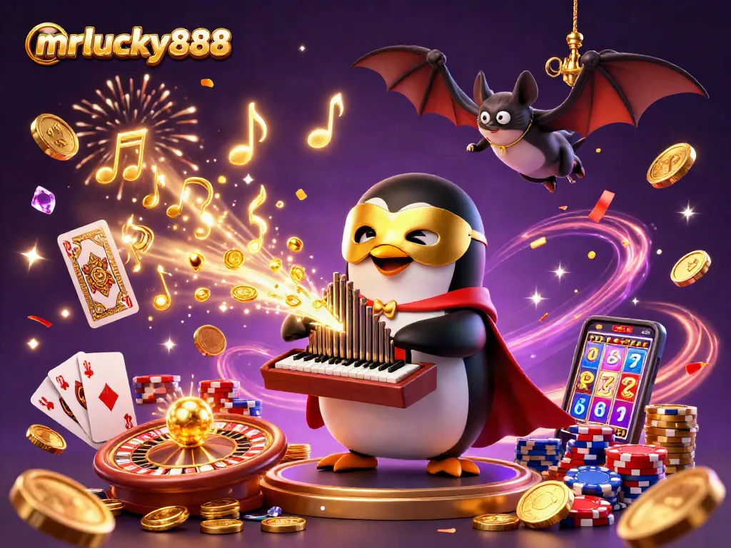 Experience exhilarating wins with mrlucky888 as golden coins and gems cascade in a vibrant casino scene.