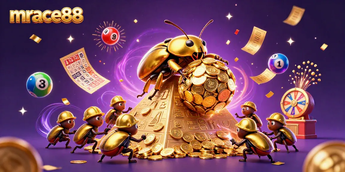 Experience the excitement of mrace88 with a golden beetle celebrating casino wins, amidst vibrant game elements.