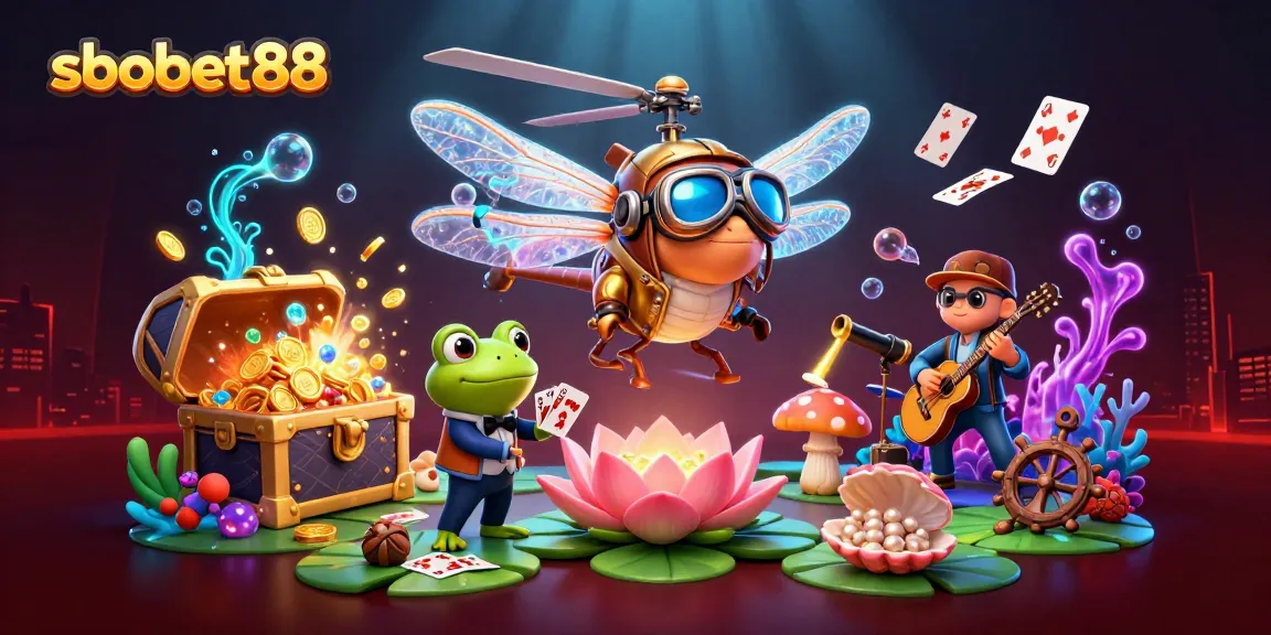 Engage with sbobet88 in an exciting casino scene featuring a dragonfly pilot and frog croupier.