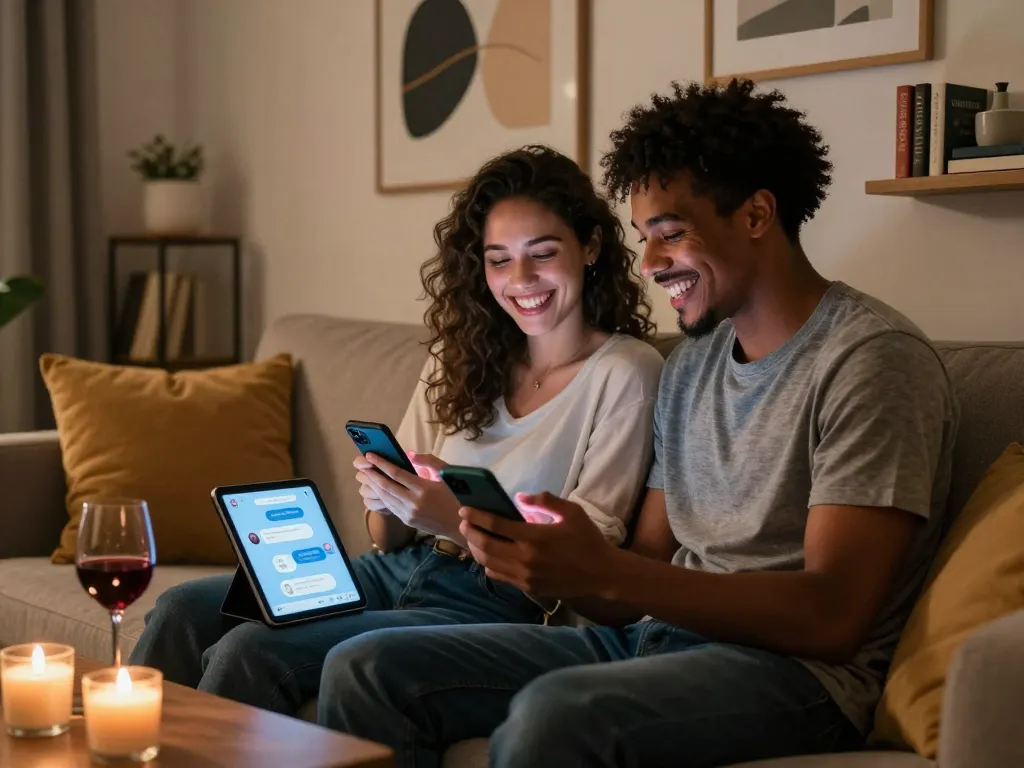 A couple enjoying an AI sex chat on their smartphones in a cozy, romantic living room setting.