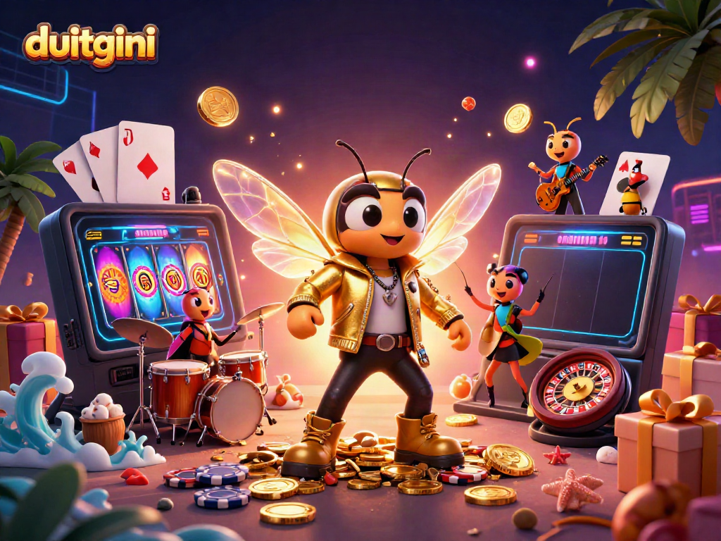 Dive into fun with Duitgini's vibrant 3D illustration featuring a rock star cicada and gambling-themed elements.
