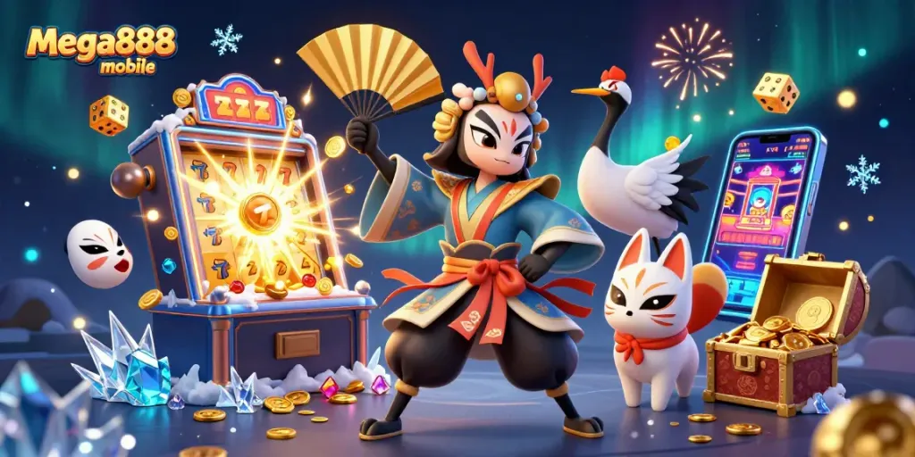 Experience the excitement of mega888 mobile casino with dynamic gaming elements and colorful characters.