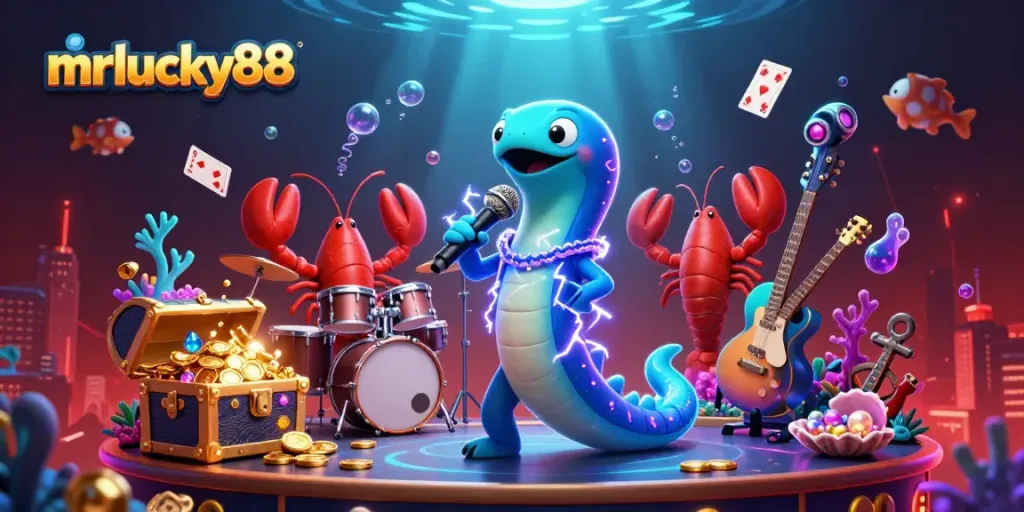 Experience winnings at mrlucky88 with a lively underwater casino scene featuring musical characters and gambling elements.