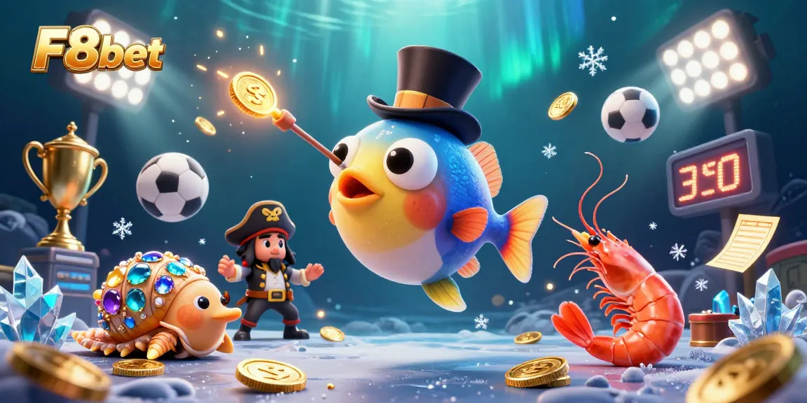 F8bet's underwater adventure showcasing an anglerfish, a pirate shrimp, and a gem snail amid golden sports-themed elements.