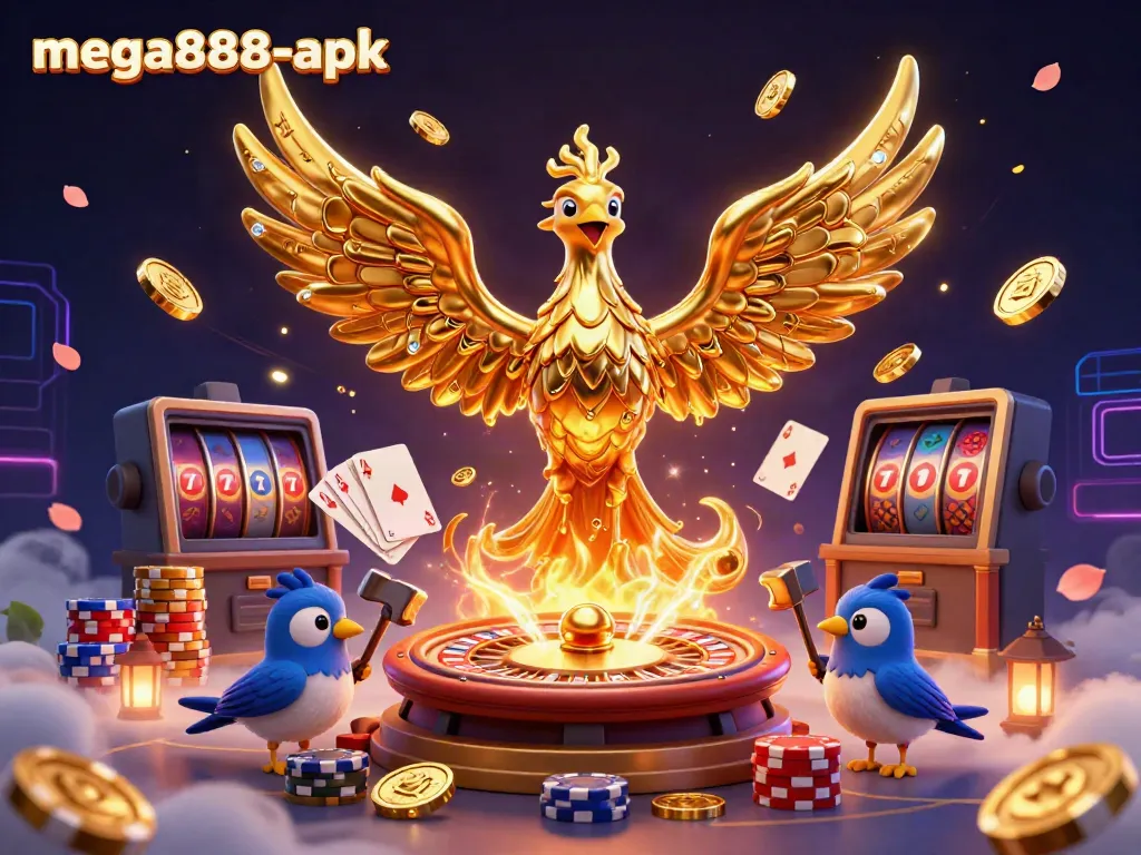 Experience the thrill of mega888-apk with a phoenix and sparrows amidst a captivating casino scene.