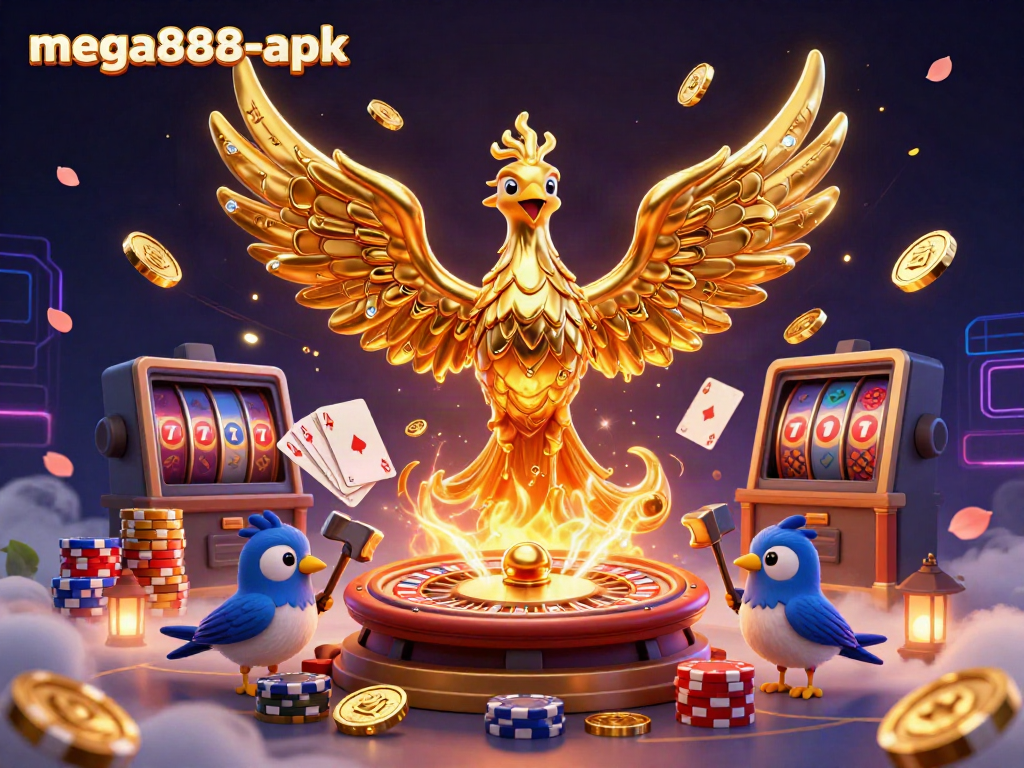 Experience the thrill of mega888-apk with a phoenix and sparrows amidst a captivating casino scene.