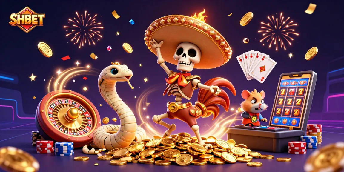 Engage in thrilling SHBET casino adventures with a vibrant, action-packed 3D illustration featuring unique characters and gaming elements.