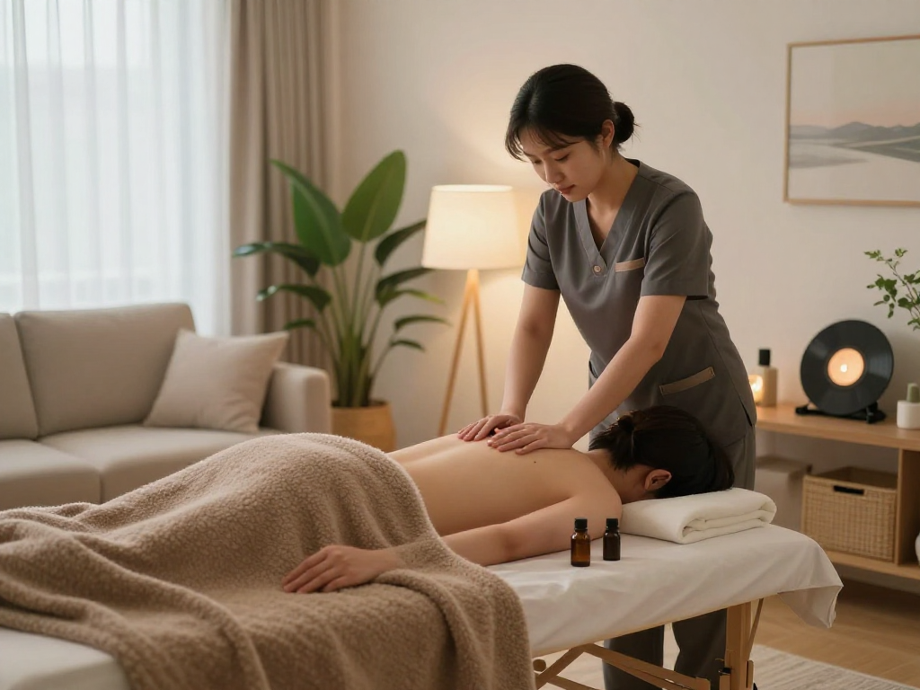 Relaxing 남양주출장안마 scene with professional massage therapist and soothing ambiance.