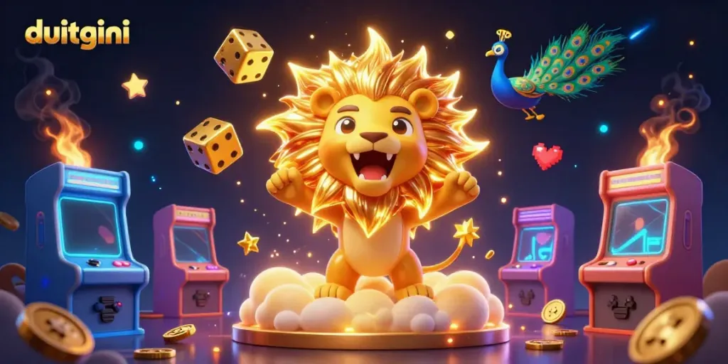 DuitGini loans illustrated with a majestic sun lion, vibrant dice, and colorful arcade elements.