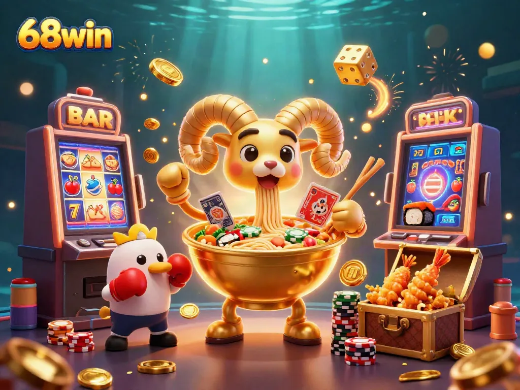 Join the excitement of 68win with a vibrant scene of a golden ramen bowl character gambling in a dynamic casino atmosphere.