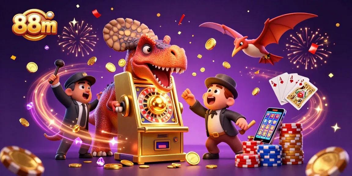 Experience the excitement of 88m as a cartoon dinosaur wins jackpots, surrounded by flying coins and casino elements.