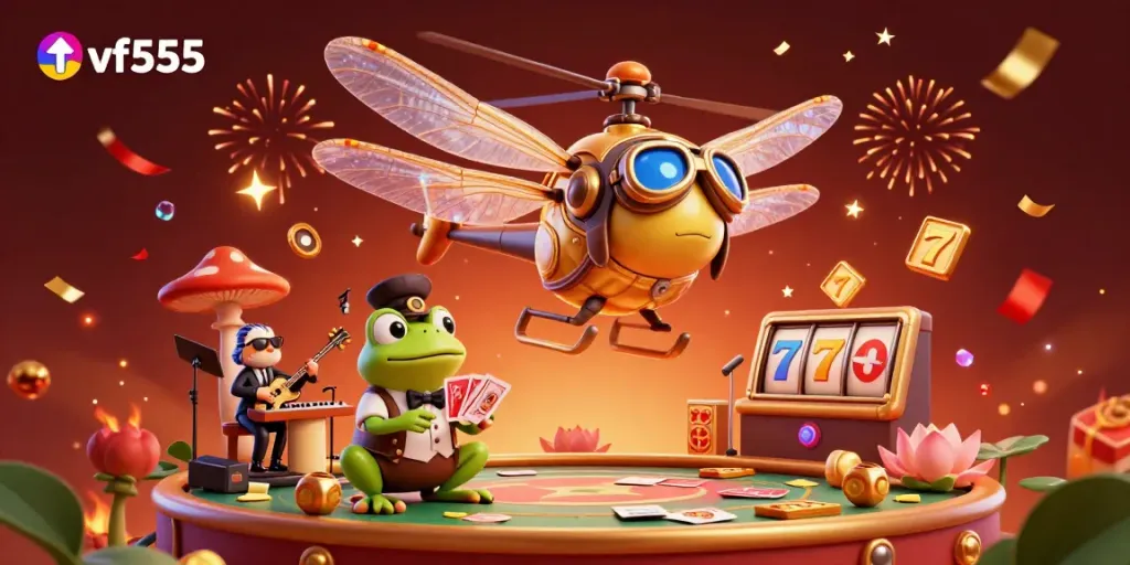Spin and win at vf555’s vibrant casino with lively characters and festive elements.