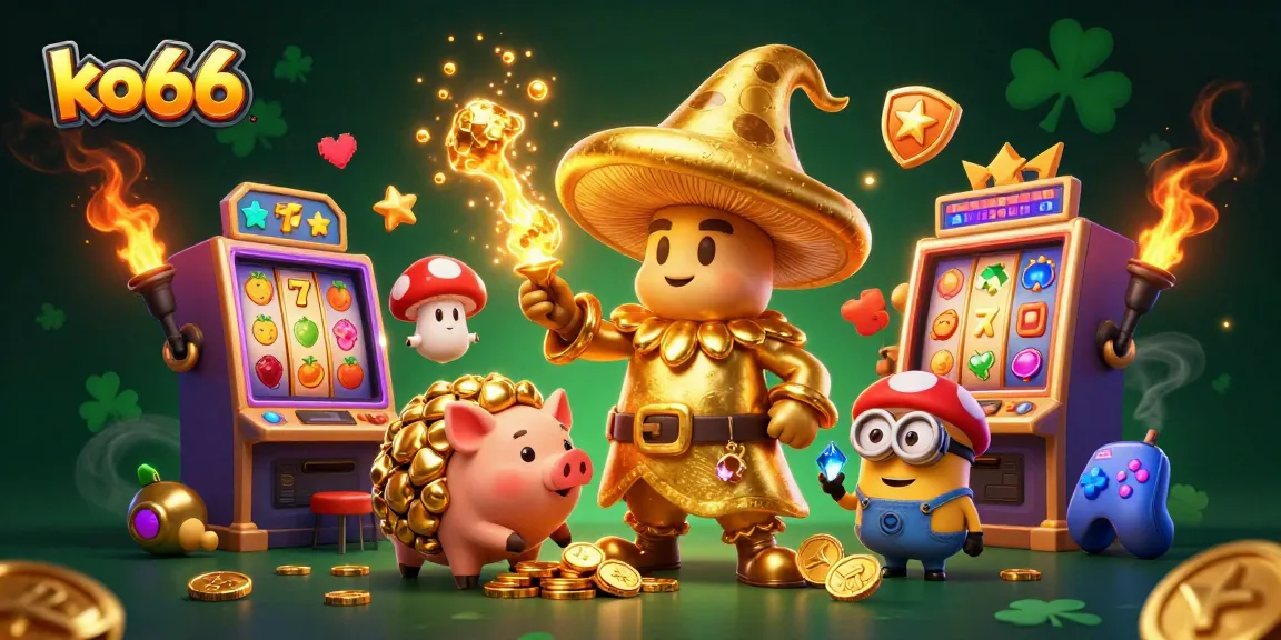 Spin to win with ko66 at a lively casino scene featuring magical characters and vibrant slot machines.