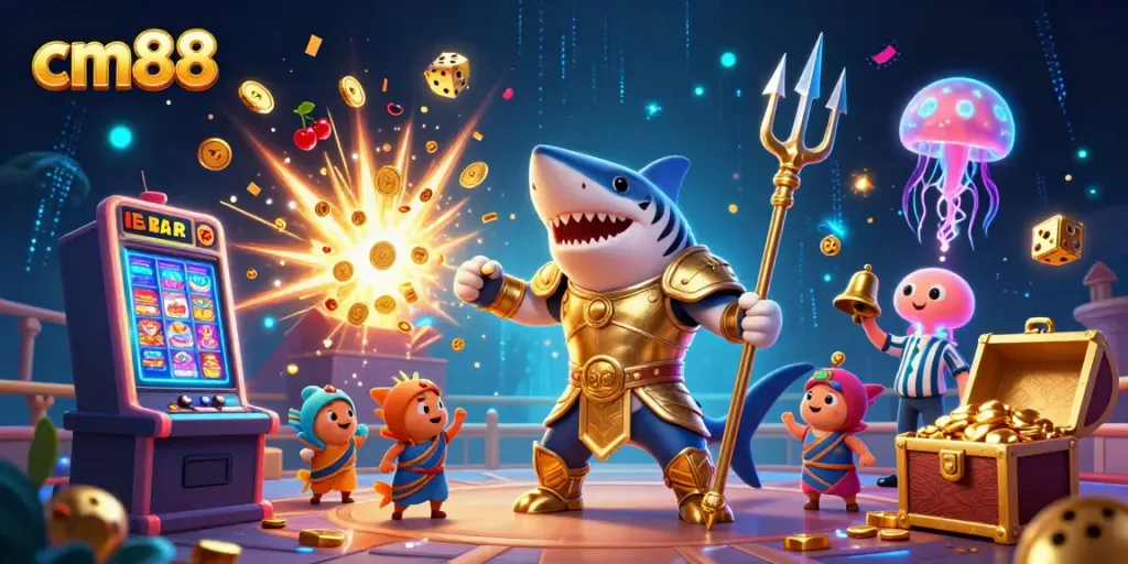 Engage with cm88's thrilling underwater slot machine adventure featuring a gladiator tiger shark.
